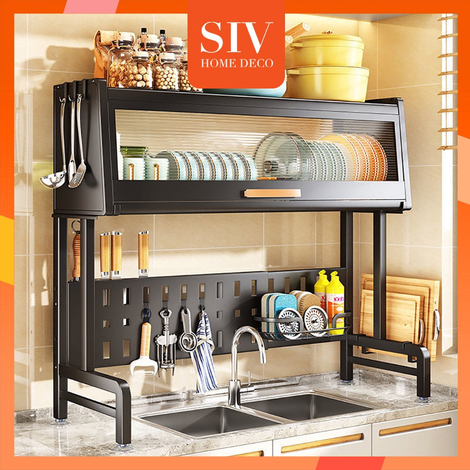 Dish Cabinet Rack Over-The-Sink Drainer With Cover Plate Drying Storage Kitchen Organizer