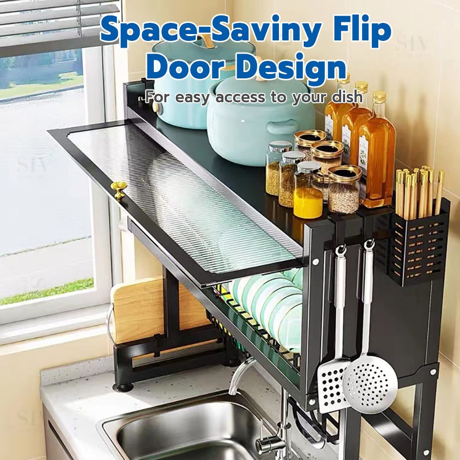 Dish Cabinet Rack Over-The-Sink Drainer With Cover Plate Drying Storage Kitchen Organizer