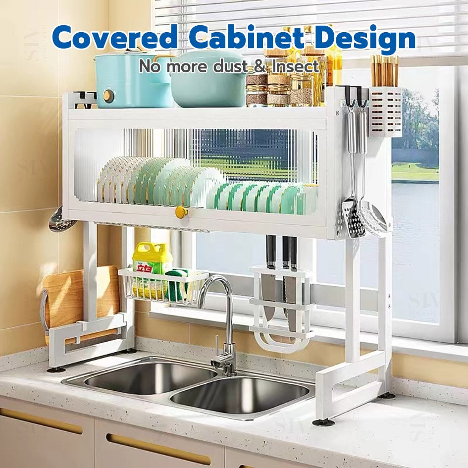 Dish Cabinet Rack Over-The-Sink Drainer With Cover Plate Drying Storage Kitchen Organizer