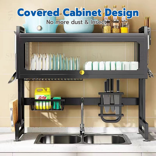 Dish Cabinet Rack Over-The-Sink Drainer With Cover Plate Drying Storage Kitchen Organizer